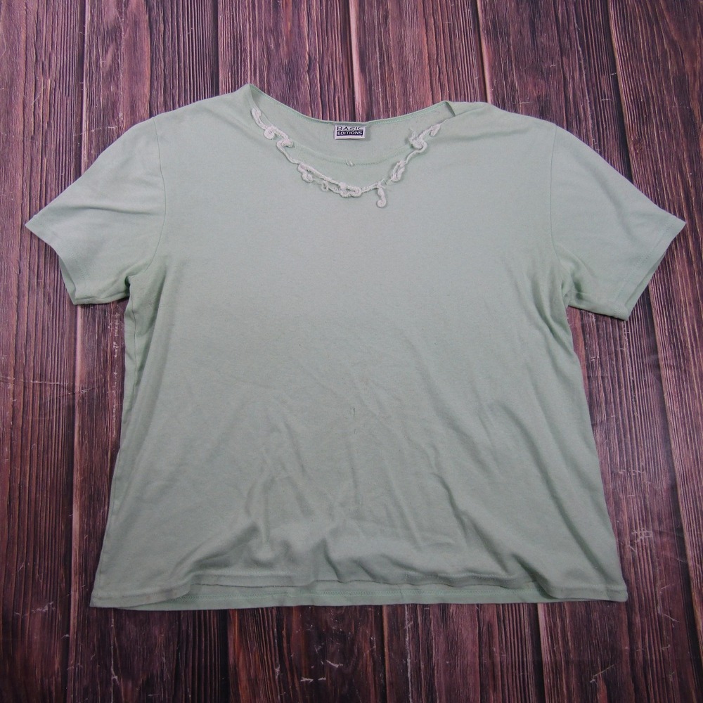 Basic Editions T-Shirt Womens L Green Crochet Jersey 90s Granny Core Vintage